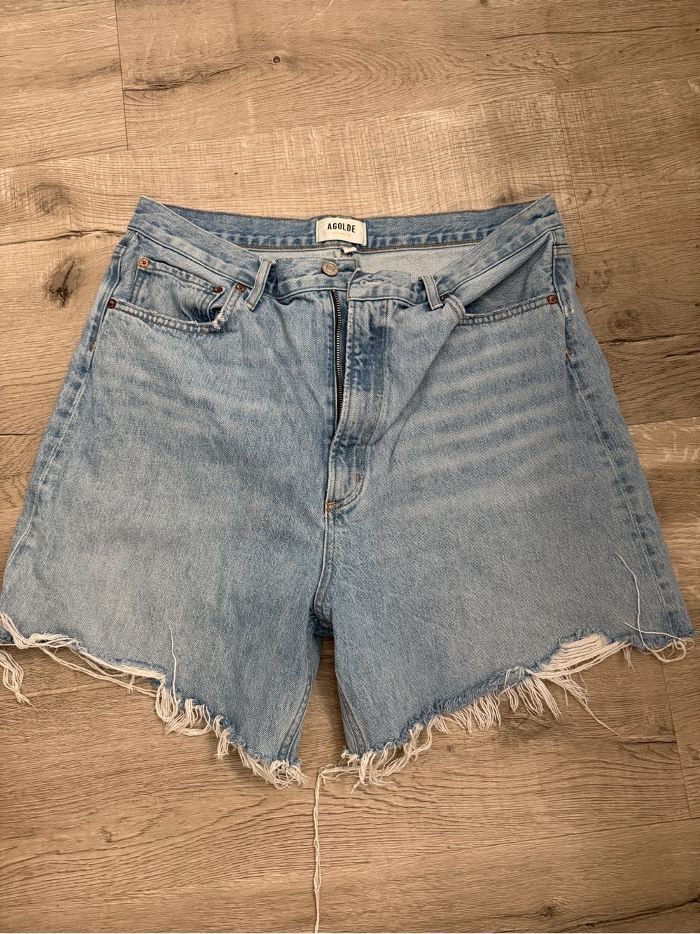 Agolde Light Wash High-Rise Frayed Hem Denim Shorts